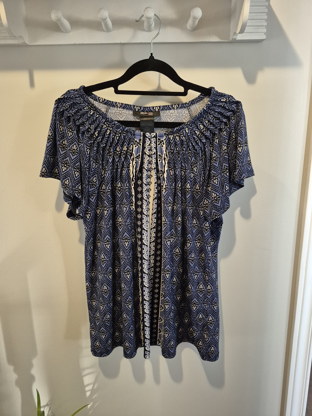 Style & Co. Blue Printed Short Sleeve Peasant Blouse
